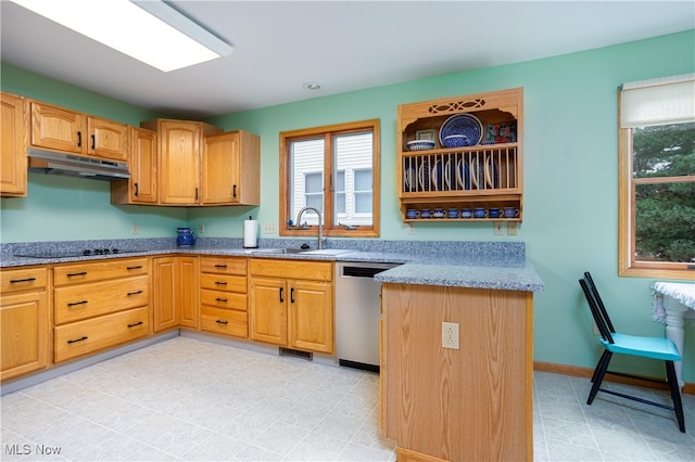 kitchen featuring dishwasher, black stovetop, sink, and light stone counters