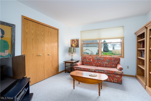 sitting room featuring light carpet