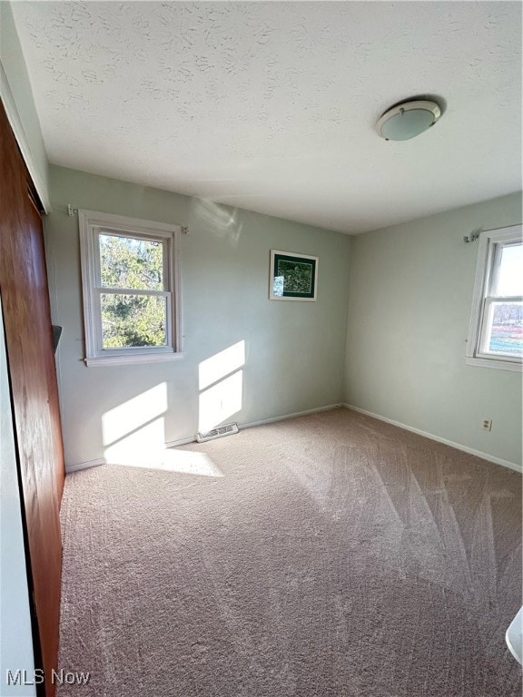 empty room featuring a textured ceiling and light carpet