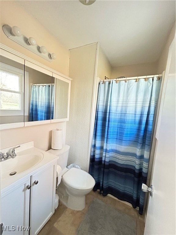 bathroom featuring toilet, vanity, and walk in shower