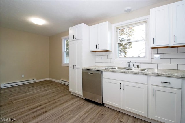 kitchen with dishwasher, backsplash, a baseboard heating unit, white cabinets, and sink