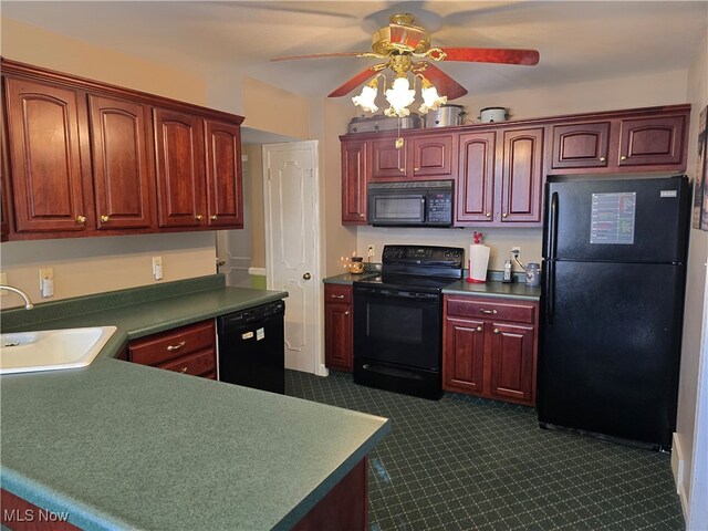 kitchen featuring black appliances, sink, and ceiling fan