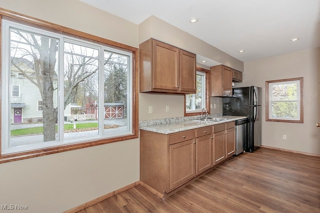 kitchen featuring stainless steel dishwasher, a wealth of natural light, sink, and light hardwood / wood-style flooring