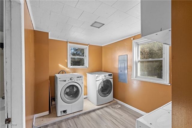 washroom with a healthy amount of sunlight, independent washer and dryer, electric panel, and light hardwood / wood-style flooring