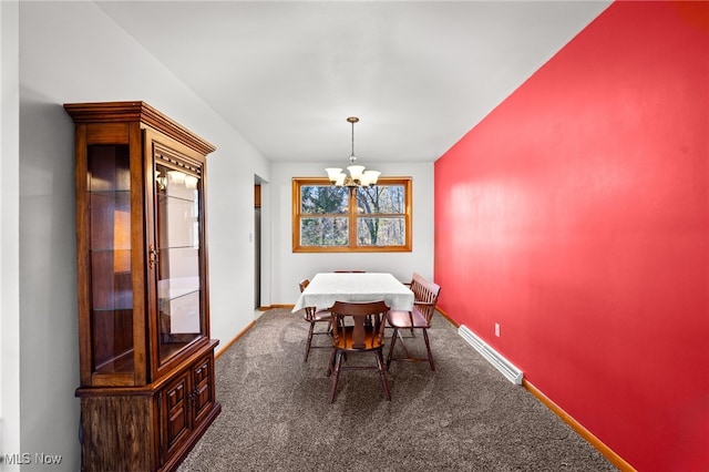 carpeted dining area with a baseboard radiator and an inviting chandelier