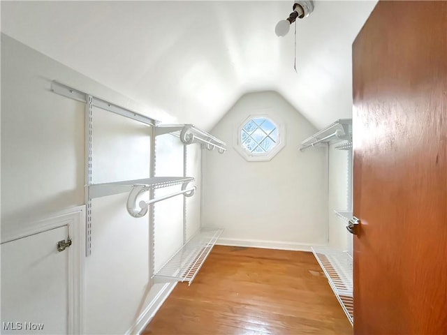 spacious closet with vaulted ceiling and wood-type flooring