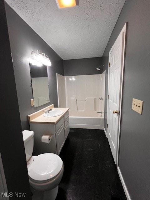 full bathroom with toilet, vanity, shower / bathtub combination, and a textured ceiling