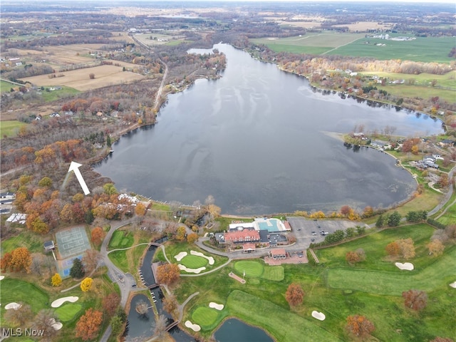 aerial view featuring a rural view and a water view