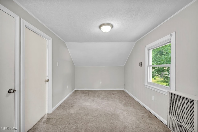 bonus room with heating unit, lofted ceiling, a textured ceiling, and light carpet