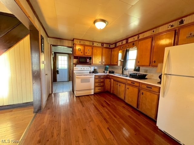 kitchen featuring wooden walls, sink, white appliances, and wood-type flooring