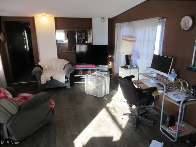 office space with lofted ceiling and hardwood / wood-style flooring