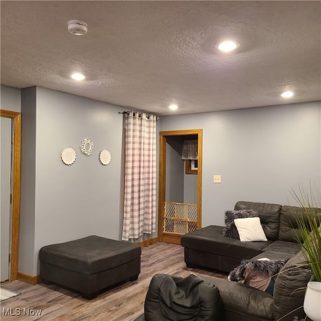 living room featuring light hardwood / wood-style floors and a textured ceiling