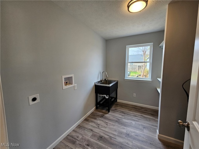 laundry area featuring washer hookup, electric dryer hookup, a textured ceiling, and light hardwood / wood-style flooring