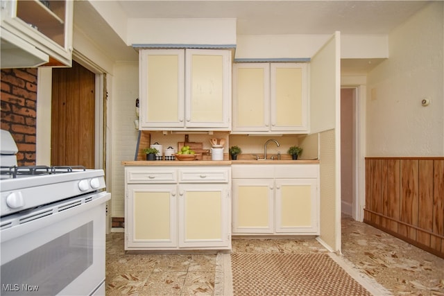 kitchen with white range oven, extractor fan, wood walls, decorative backsplash, and sink