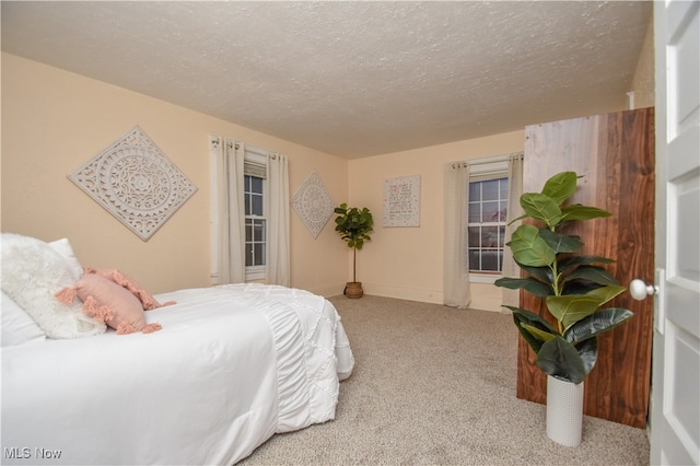 carpeted bedroom with a textured ceiling