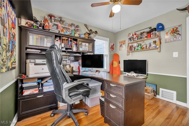 home office featuring ceiling fan and light wood-type flooring