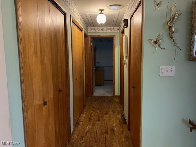 corridor with wood-type flooring