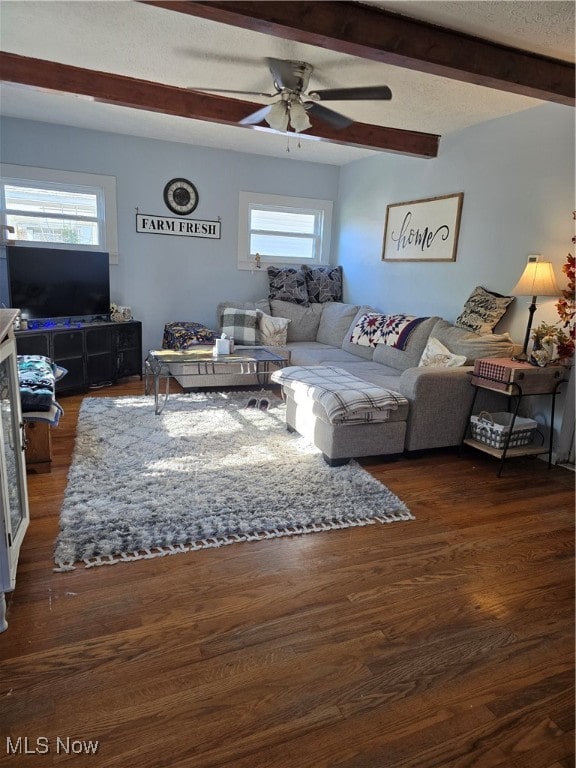 living room with dark hardwood / wood-style flooring, ceiling fan, and beam ceiling