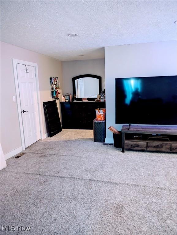 carpeted living room with a textured ceiling