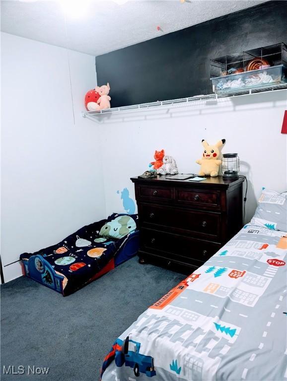 bedroom featuring dark colored carpet