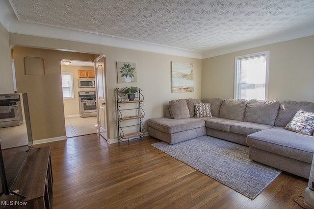 living room with hardwood / wood-style floors and a textured ceiling