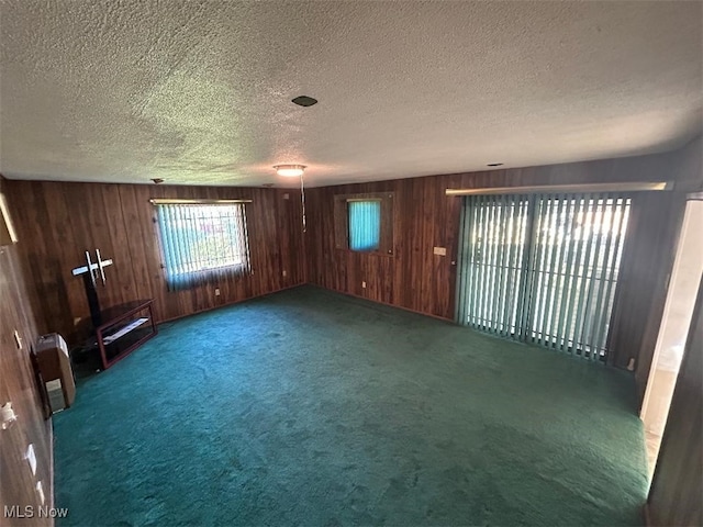 empty room featuring wood walls, carpet floors, and a textured ceiling