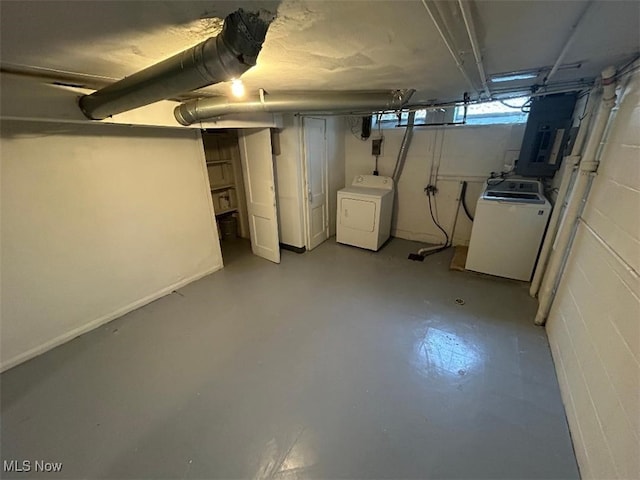 basement with electric panel and washer / dryer