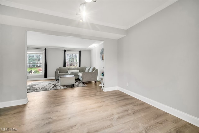 living room featuring light wood-type flooring and crown molding