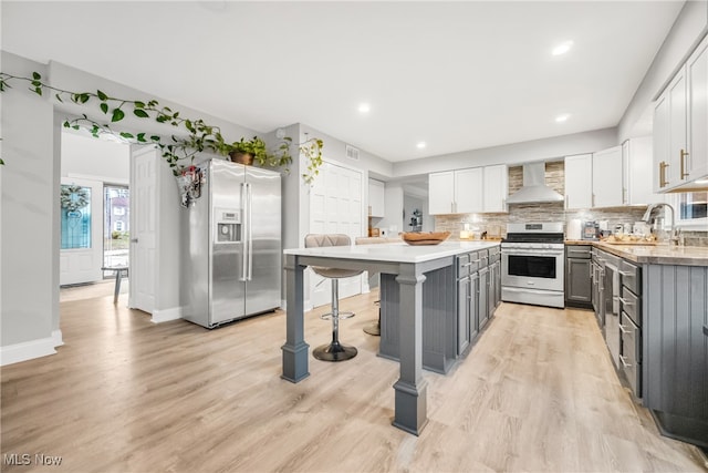 kitchen with sink, stainless steel appliances, wall chimney range hood, a breakfast bar area, and gray cabinets