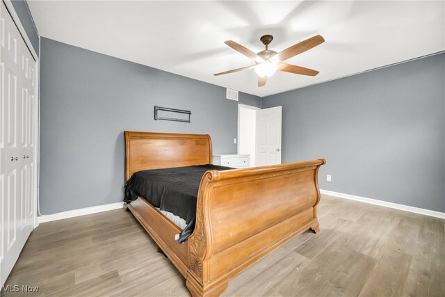 bedroom featuring ceiling fan, a closet, and wood-type flooring