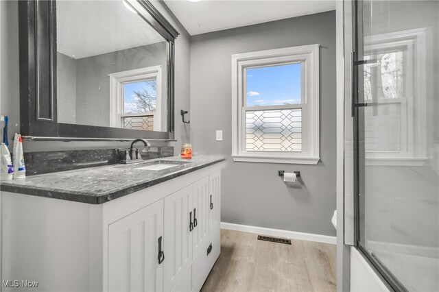 bathroom with hardwood / wood-style floors and vanity