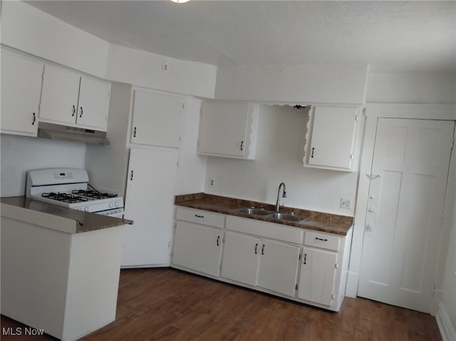 kitchen with gas range gas stove, white cabinetry, and sink