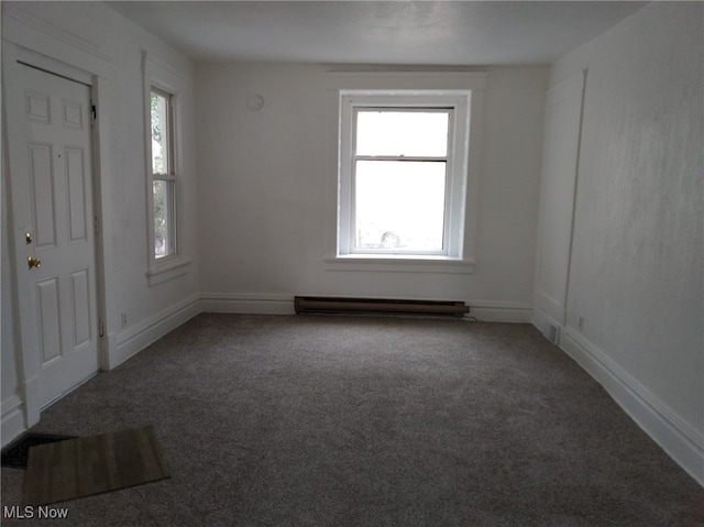 carpeted spare room with a baseboard radiator