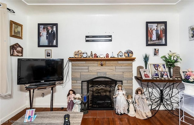 living room with a fireplace and wood-type flooring