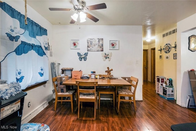 dining room with dark hardwood / wood-style floors, baseboard heating, and ceiling fan