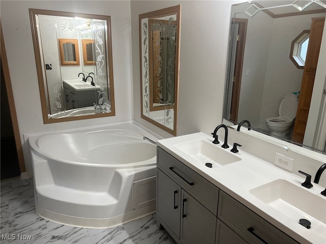 bathroom featuring a bath, vanity, and toilet