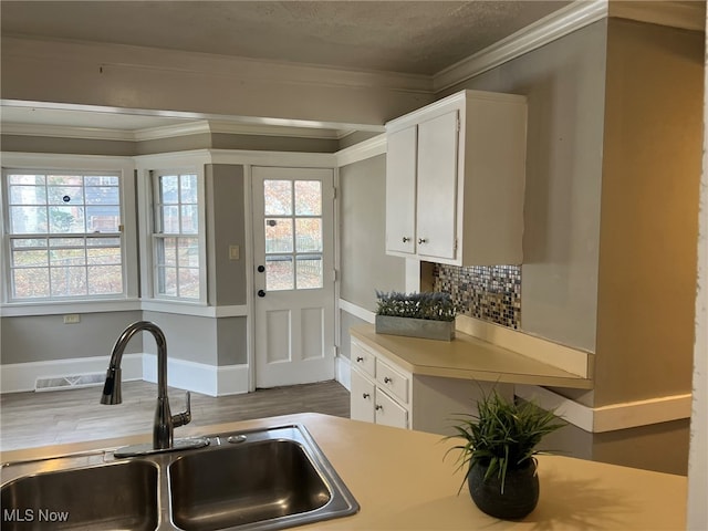 kitchen with white cabinetry, decorative backsplash, ornamental molding, and sink