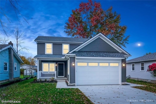 1064 Bryce Ave, Aurora, OH 44202 - traditional-style house featuring a porch, an attached garage, driveway, a front lawn, and roof with shingles