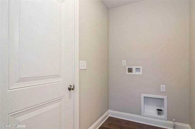 laundry area with electric dryer hookup, hookup for a washing machine, and dark hardwood / wood-style floors