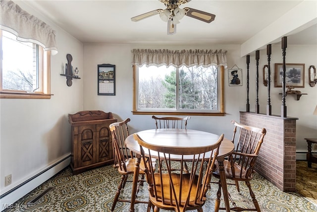 dining room featuring ceiling fan and baseboard heating