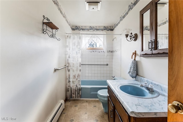 full bathroom with toilet, shower / tub combo, vanity, and baseboard heating