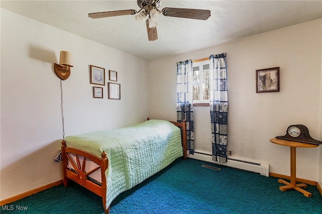 carpeted bedroom with ceiling fan and a baseboard heating unit