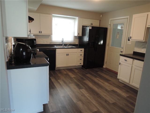 kitchen with white cabinets, dark hardwood / wood-style flooring, black appliances, and sink