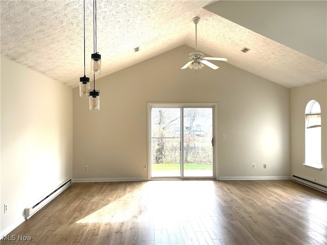 unfurnished living room with a baseboard radiator, vaulted ceiling, hardwood / wood-style floors, a textured ceiling, and ceiling fan