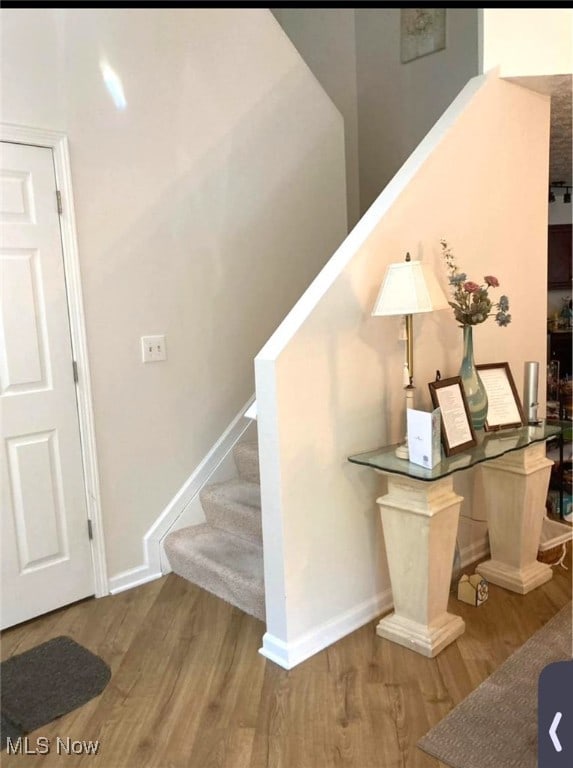 stairway with hardwood / wood-style floors