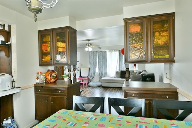 interior space featuring dark brown cabinetry and ceiling fan