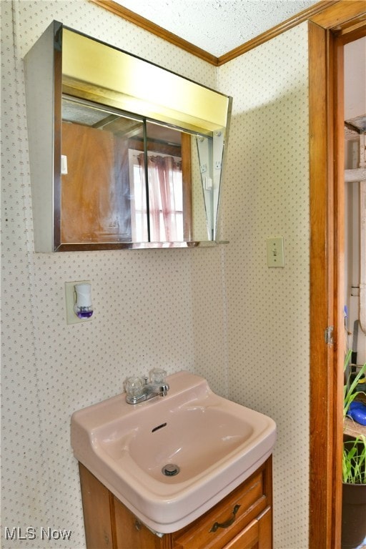 bathroom with vanity, a textured ceiling, and crown molding