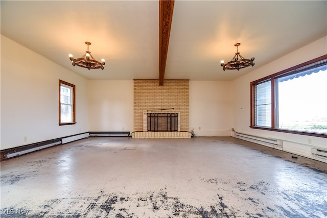 unfurnished living room featuring beamed ceiling, a healthy amount of sunlight, and an inviting chandelier