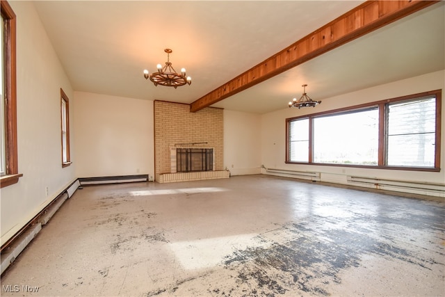 unfurnished living room with a baseboard heating unit, a fireplace, a notable chandelier, and beamed ceiling