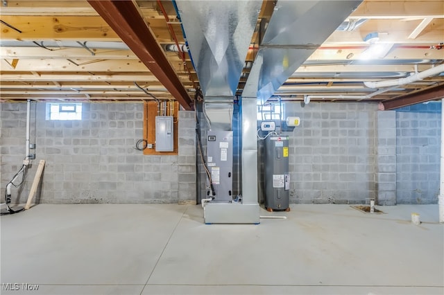 basement with water heater and electric panel